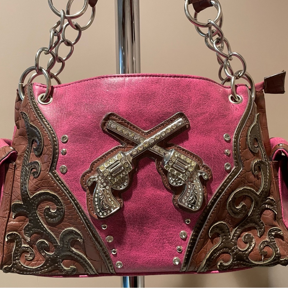 CCW Ladies Pink and Brown Bag with Rhinestone Gun Design